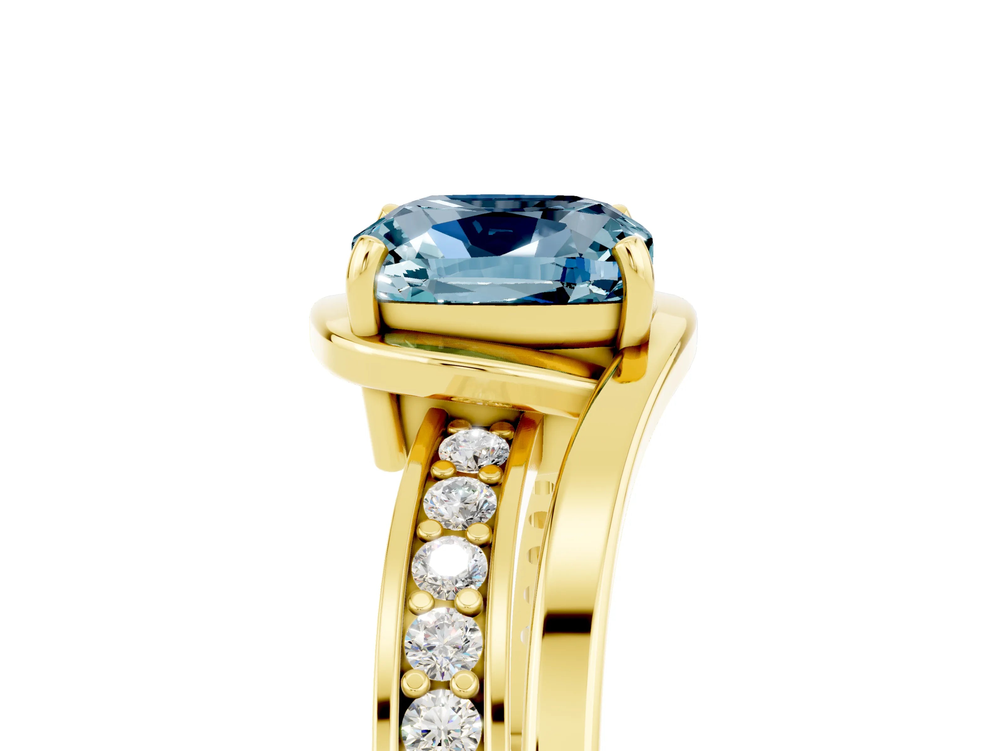 Yellow gold Cushion Cut Aquamarine Solitaire Ring with Split Shank and Prong Setting_5
