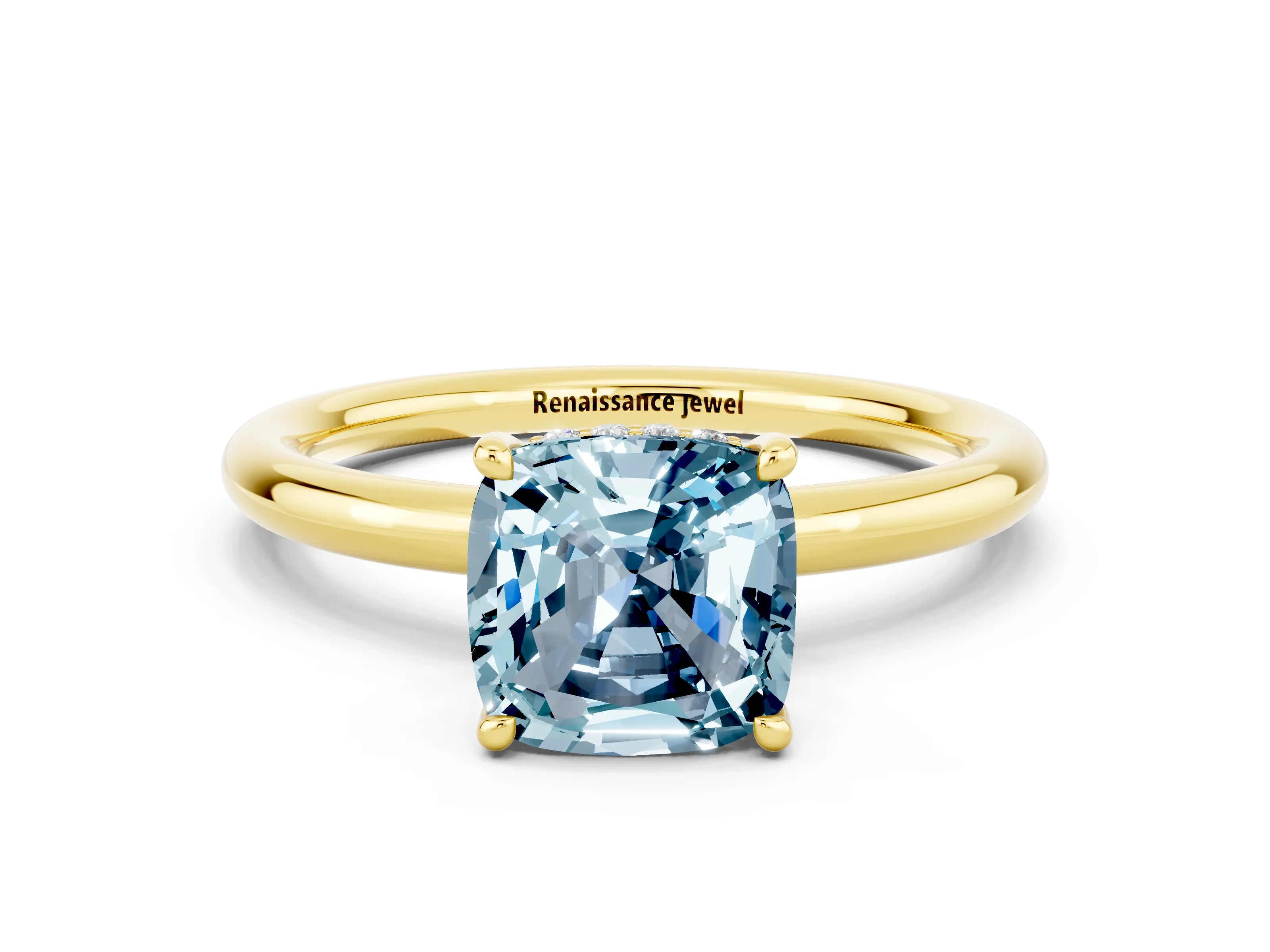 Yellow gold Cushion Cut Aquamarine Solitaire Ring with Thin Band and Four-Prong Setting