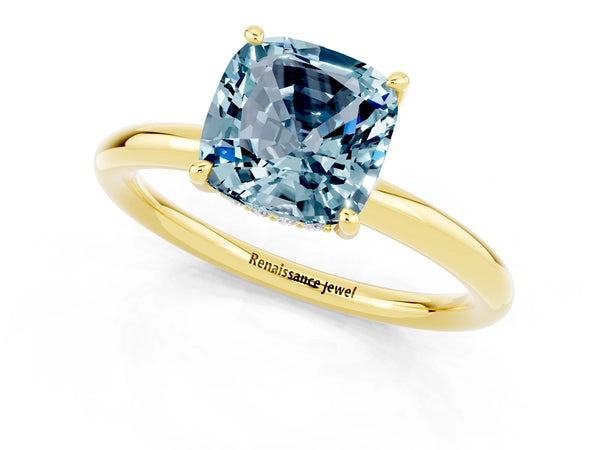 Yellow gold Cushion Cut Aquamarine Solitaire Ring with Thin Band and Four-Prong Setting