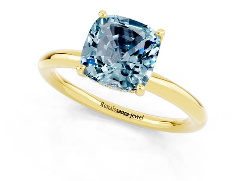 Yellow gold Cushion Cut Aquamarine Solitaire Ring with Thin Band and Four-Prong Setting_1
