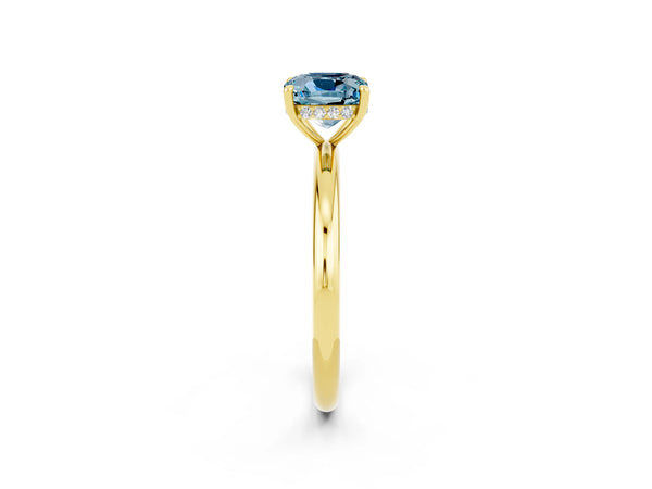 Yellow gold Cushion Cut Aquamarine Solitaire Ring with Thin Band and Four-Prong Setting