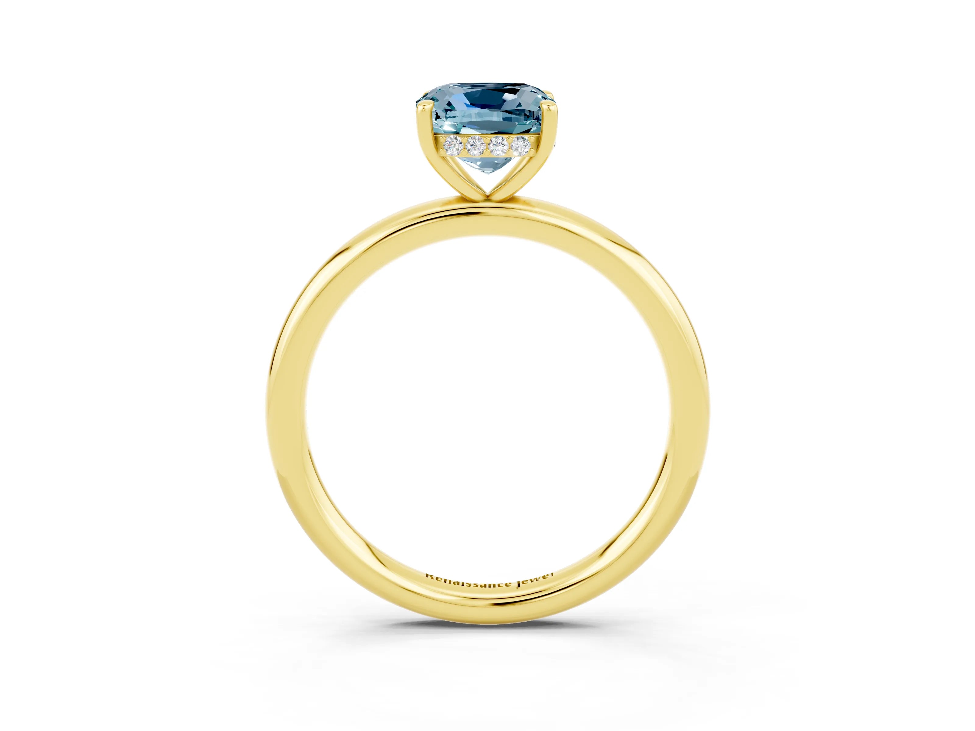 Yellow gold Cushion Cut Aquamarine Solitaire Ring with Thin Band and Four-Prong Setting_3