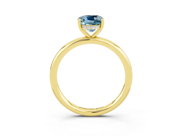 Yellow gold Cushion Cut Aquamarine Solitaire Ring with Thin Band and Four-Prong Setting