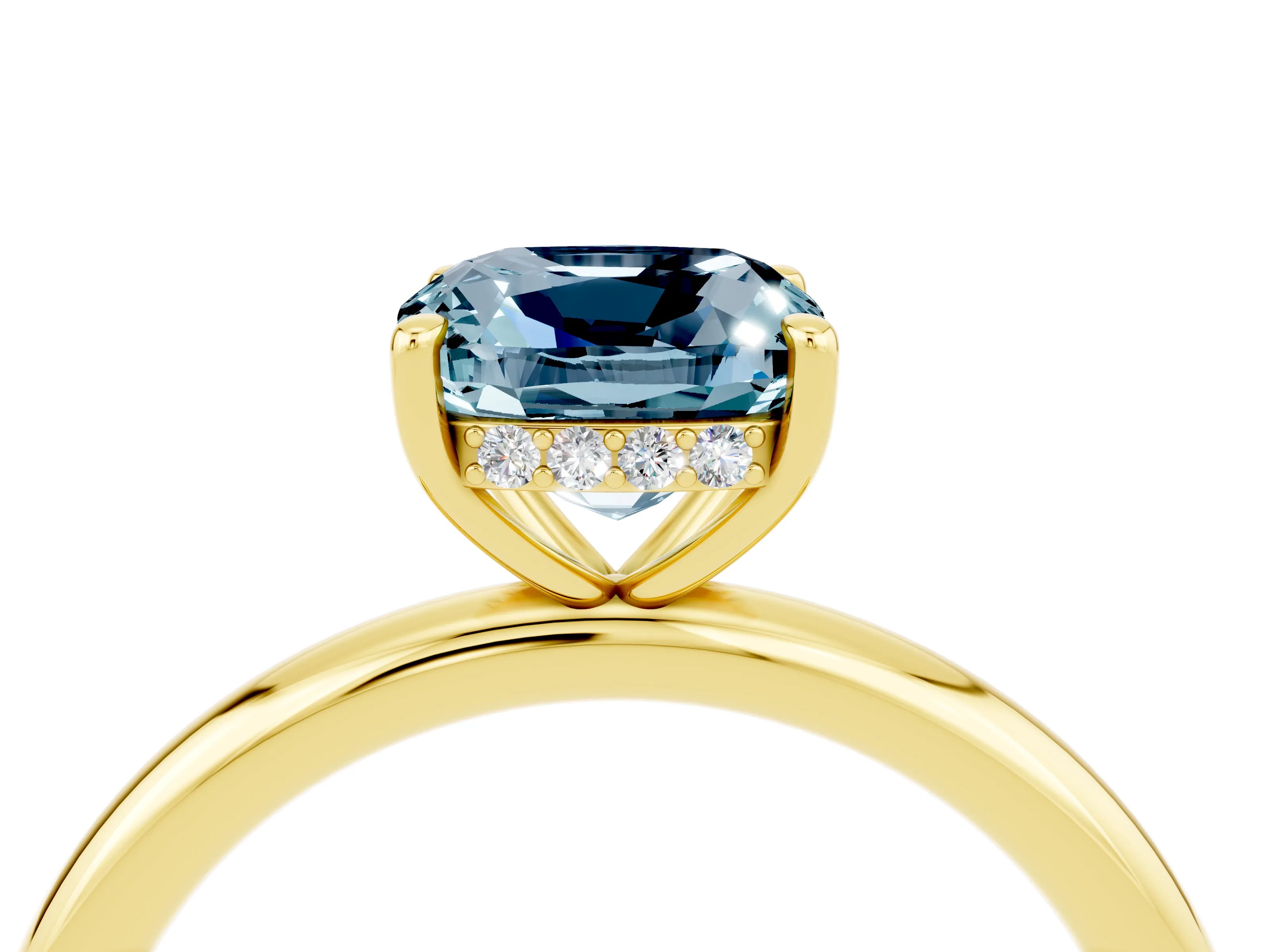 Yellow gold Cushion Cut Aquamarine Solitaire Ring with Thin Band and Four-Prong Setting_4