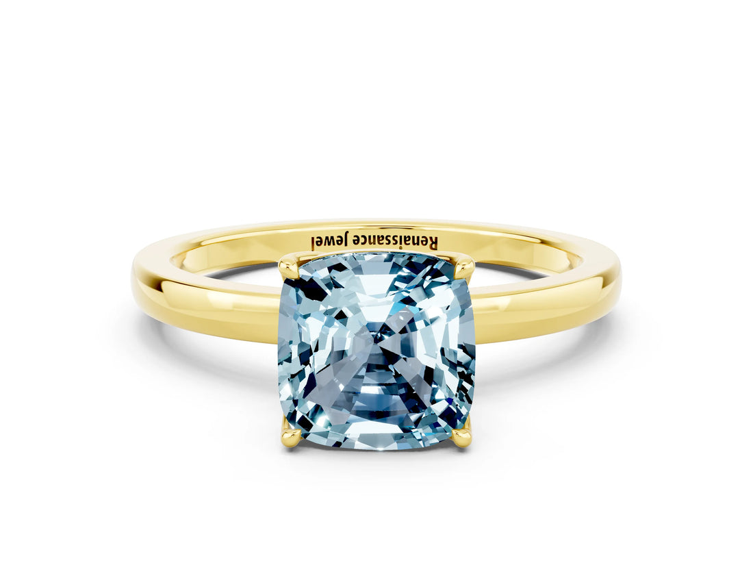 Yellow gold Cushion Cut Aquamarine Solitaire Ring with Thin Band and Prong Setting_12