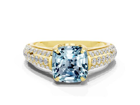 Yellow gold Cushion Cut Aquamarine Solitaire Ring with Three-Row Pavé Band and Four-Prong Setting_12