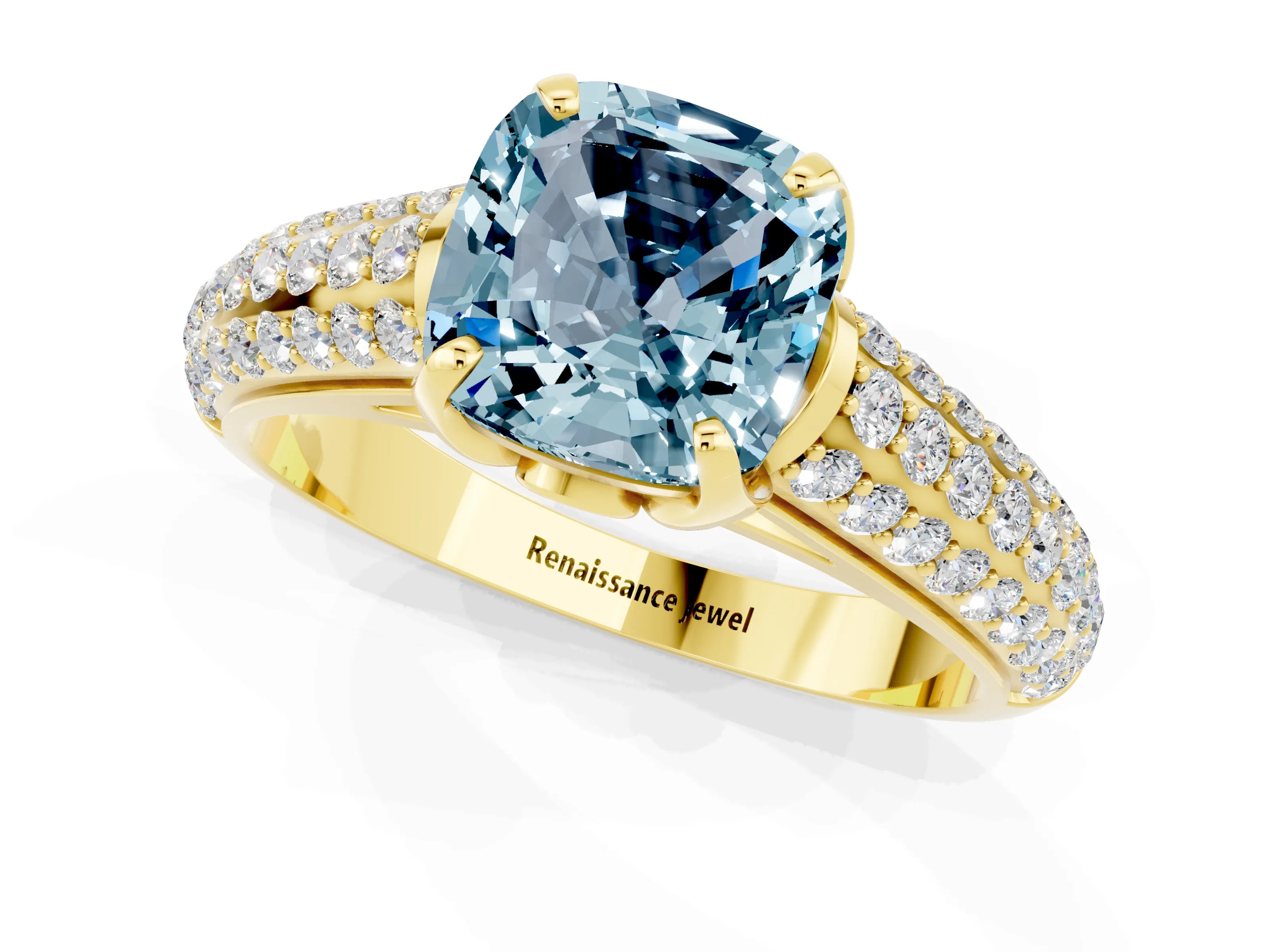 Yellow gold Cushion Cut Aquamarine Solitaire Ring with Three-Row Pavé Band and Four-Prong Setting_13