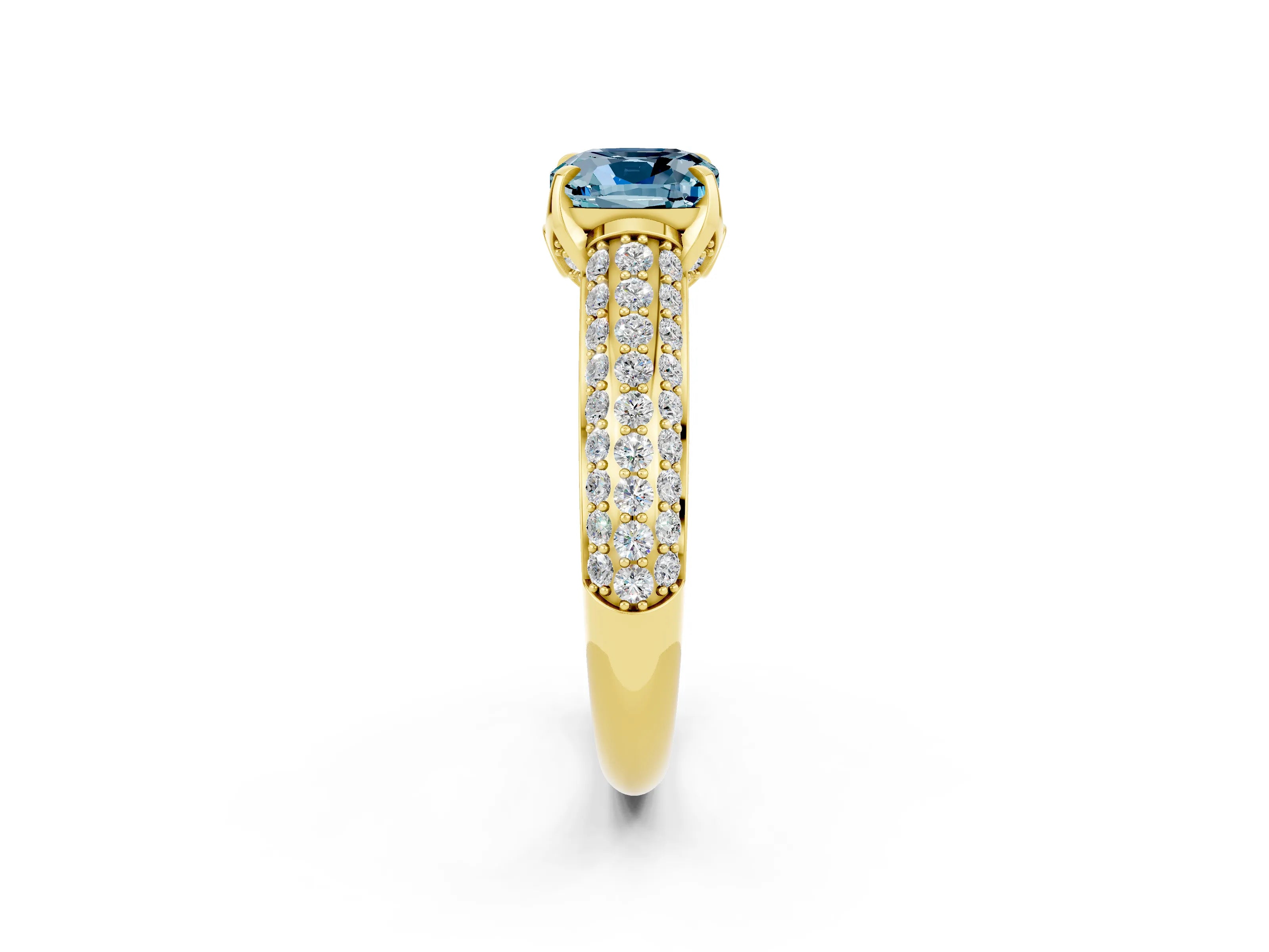 Yellow gold Cushion Cut Aquamarine Solitaire Ring with Three-Row Pavé Band and Four-Prong Setting_14