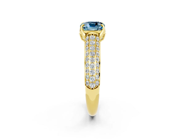 Yellow gold Cushion Cut Aquamarine Solitaire Ring with Three-Row Pavé Band and Four-Prong Setting