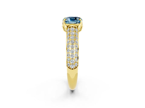 Yellow gold Cushion Cut Aquamarine Solitaire Ring with Three-Row Pavé Band and Four-Prong Setting_14