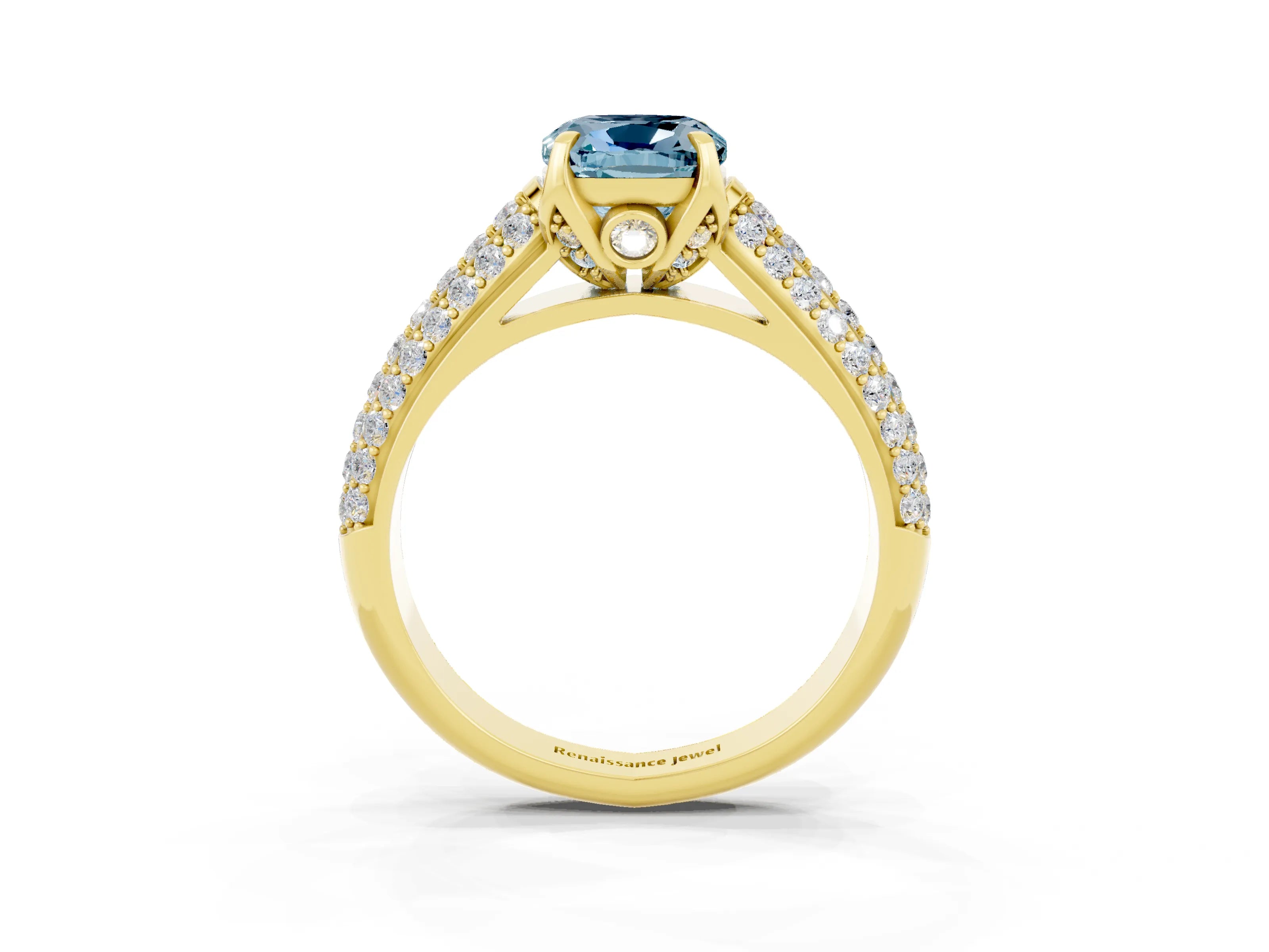 Yellow gold Cushion Cut Aquamarine Solitaire Ring with Three-Row Pavé Band and Four-Prong Setting_15