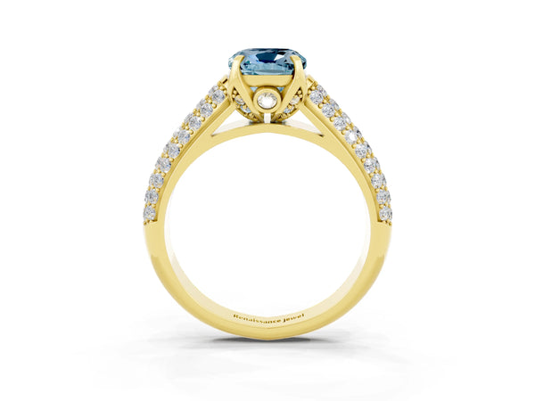 Yellow gold Cushion Cut Aquamarine Solitaire Ring with Three-Row Pavé Band and Four-Prong Setting