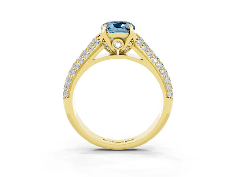 Yellow gold Cushion Cut Aquamarine Solitaire Ring with Three-Row Pavé Band and Four-Prong Setting_15