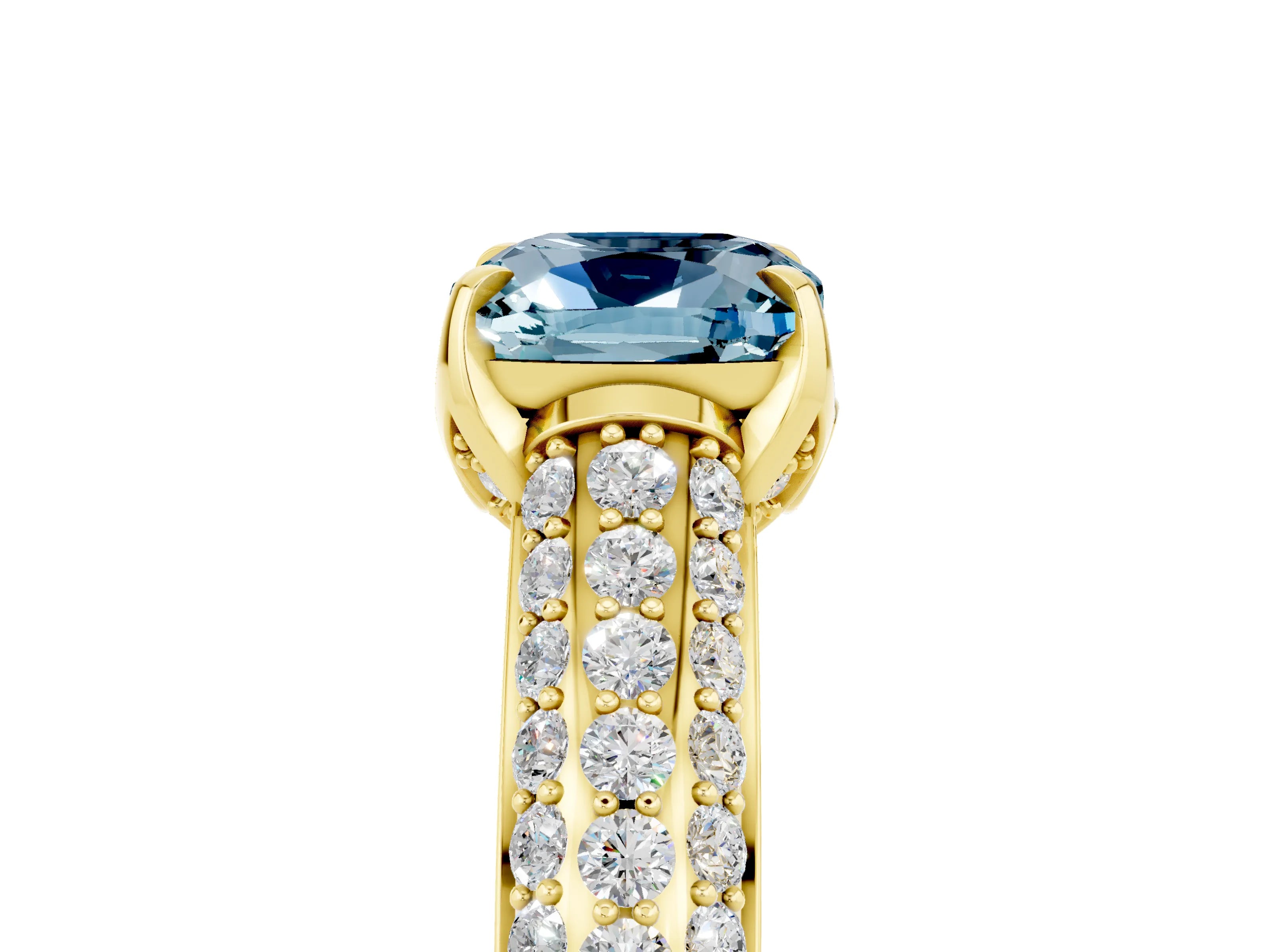 Yellow gold Cushion Cut Aquamarine Solitaire Ring with Three-Row Pavé Band and Four-Prong Setting_17