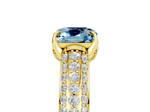 Yellow gold Cushion Cut Aquamarine Solitaire Ring with Three-Row Pavé Band and Four-Prong Setting_17