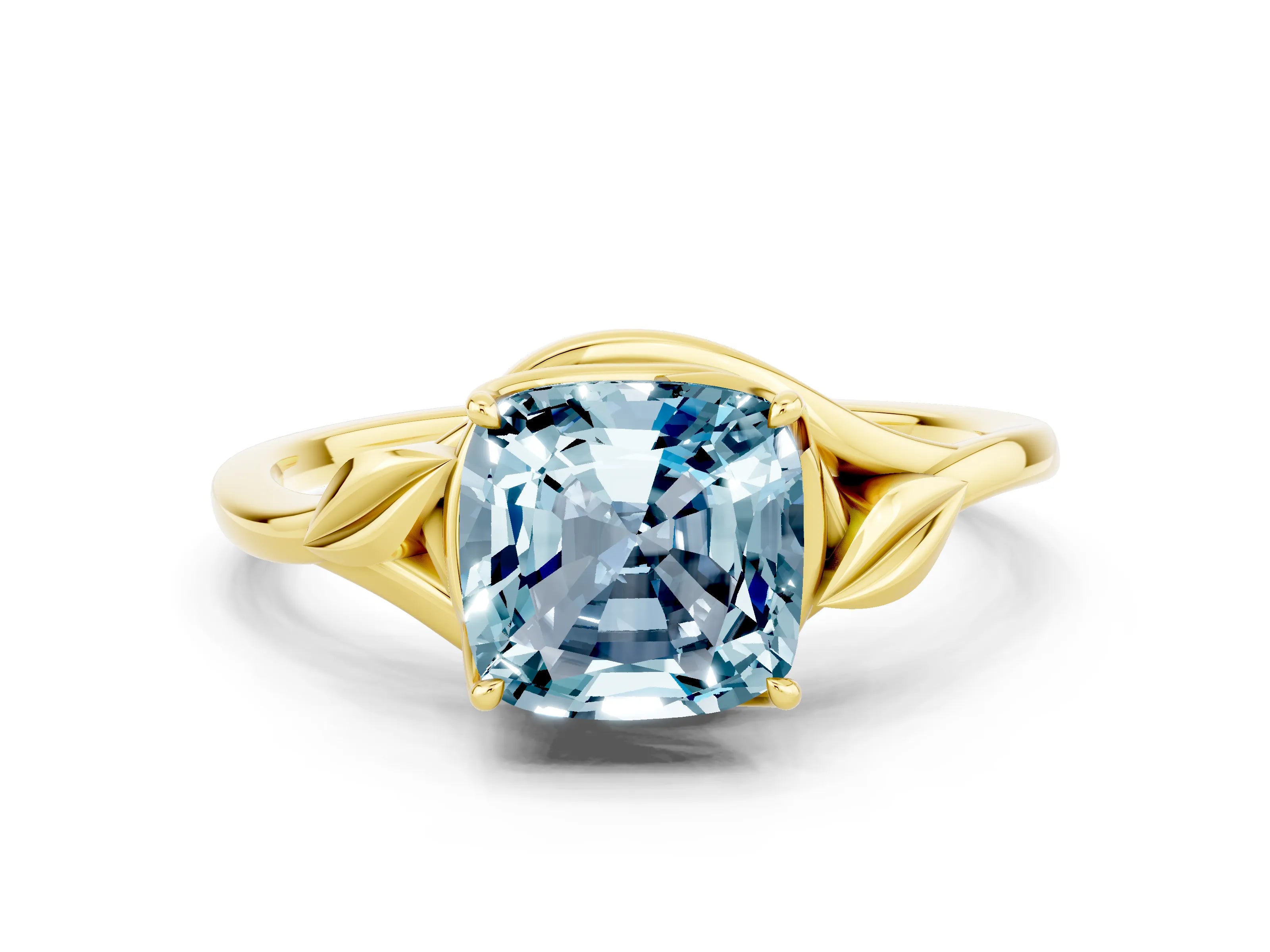 Yellow gold Cushion Cut Aquamarine Solitaire Ring with Twist Band and Four-Prong Setting_24