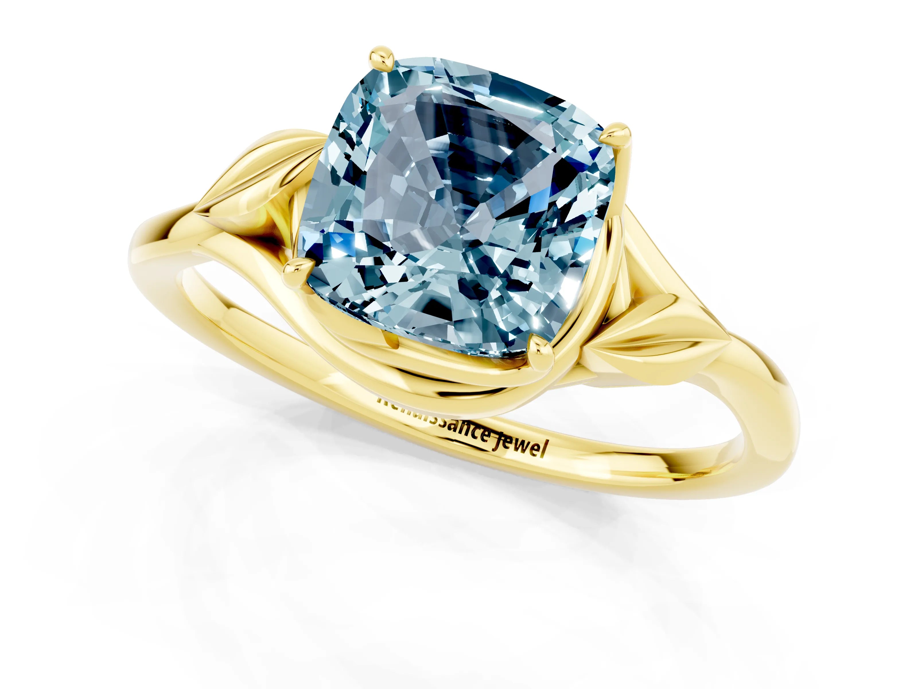 Yellow gold Cushion Cut Aquamarine Solitaire Ring with Twist Band and Four-Prong Setting_25
