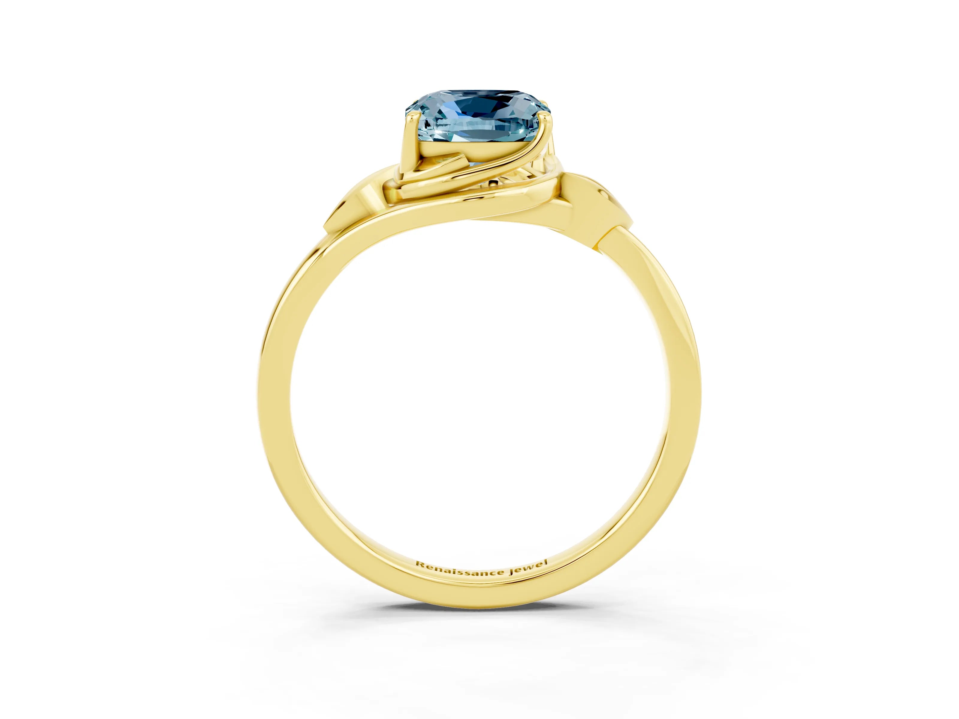 Yellow gold Cushion Cut Aquamarine Solitaire Ring with Twist Band and Four-Prong Setting_27