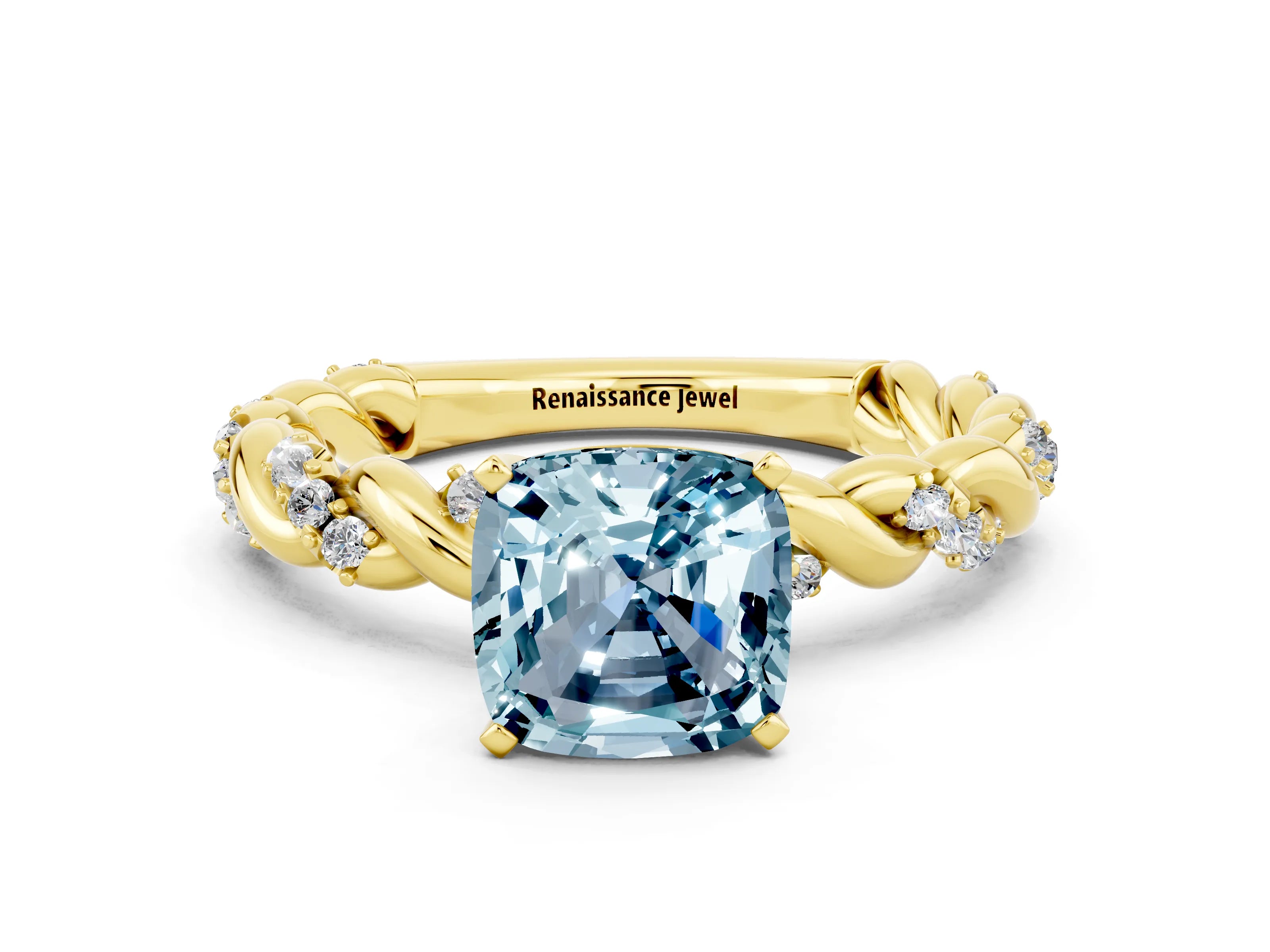 Yellow gold Cushion Cut Aquamarine Solitaire Ring with Twisted Band and Pavé Accents