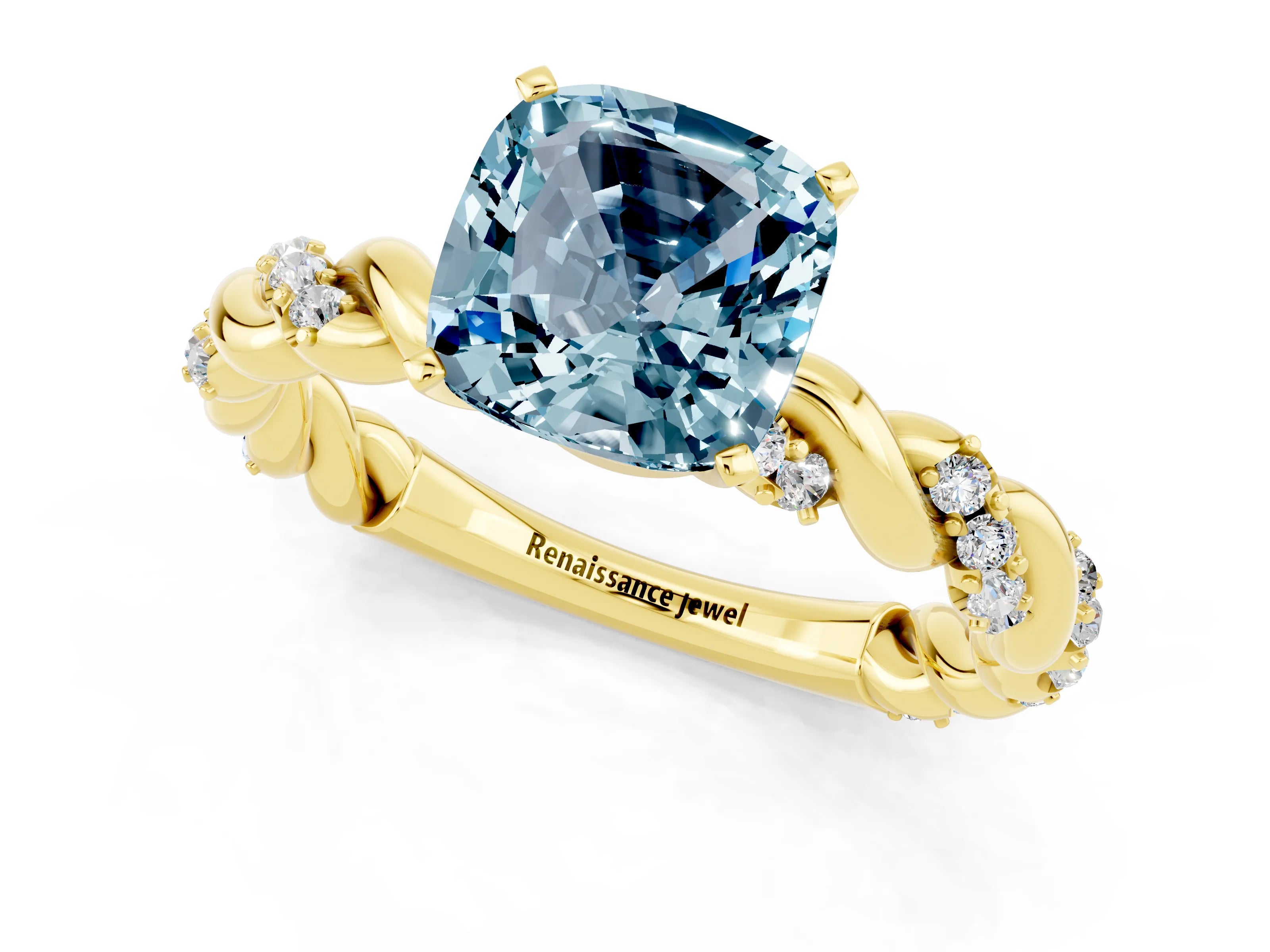 Yellow gold Cushion Cut Aquamarine Solitaire Ring with Twisted Band and Pavé Accents_1