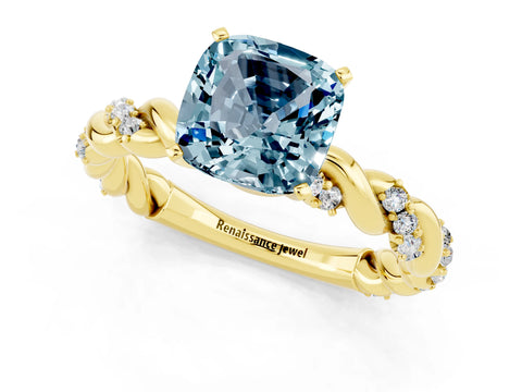 Yellow gold Cushion Cut Aquamarine Solitaire Ring with Twisted Band and Pavé Accents_1