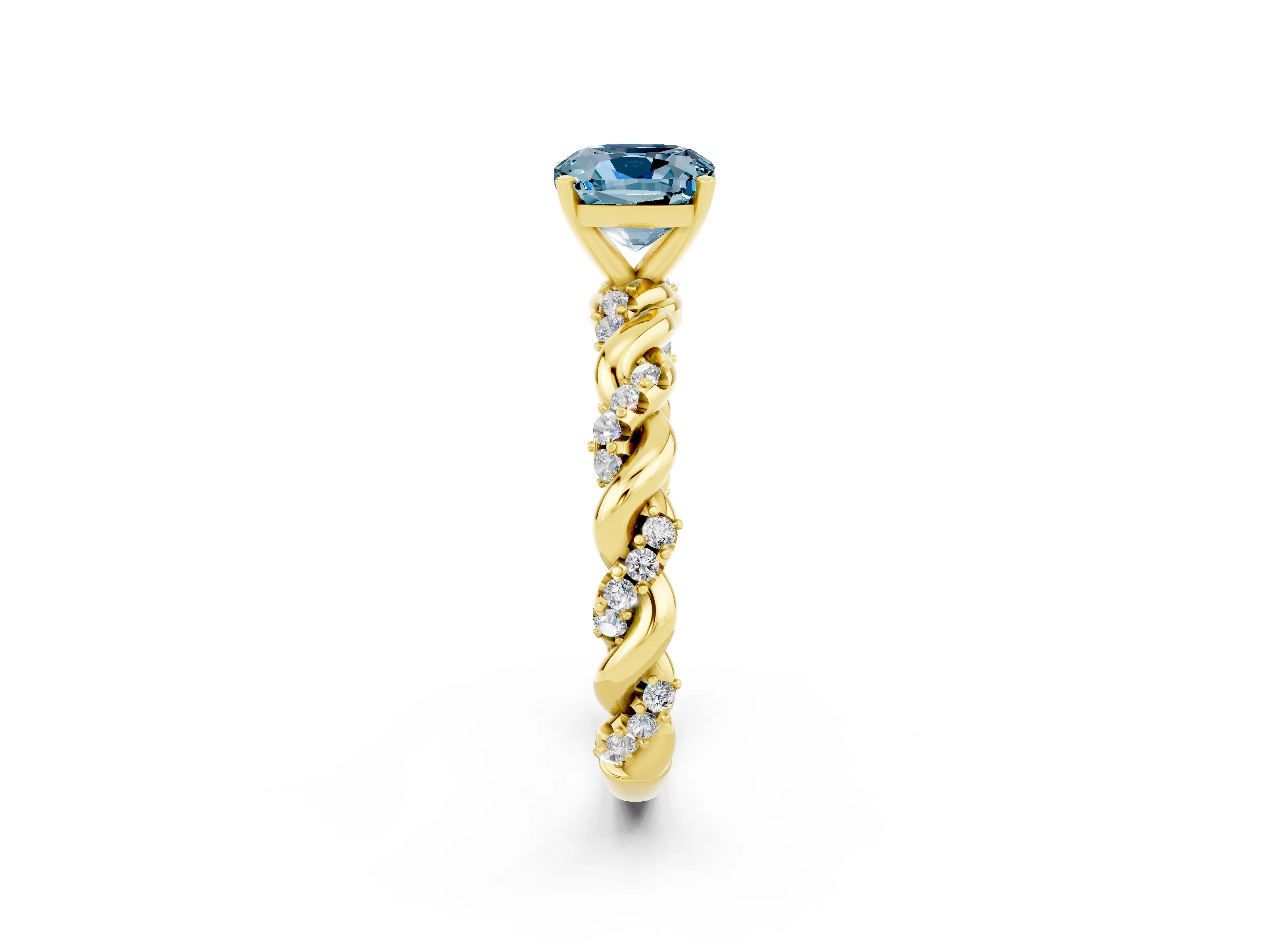 Yellow gold Cushion Cut Aquamarine Solitaire Ring with Twisted Band and Pavé Accents_2