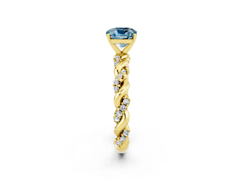 Yellow gold Cushion Cut Aquamarine Solitaire Ring with Twisted Band and Pavé Accents_2
