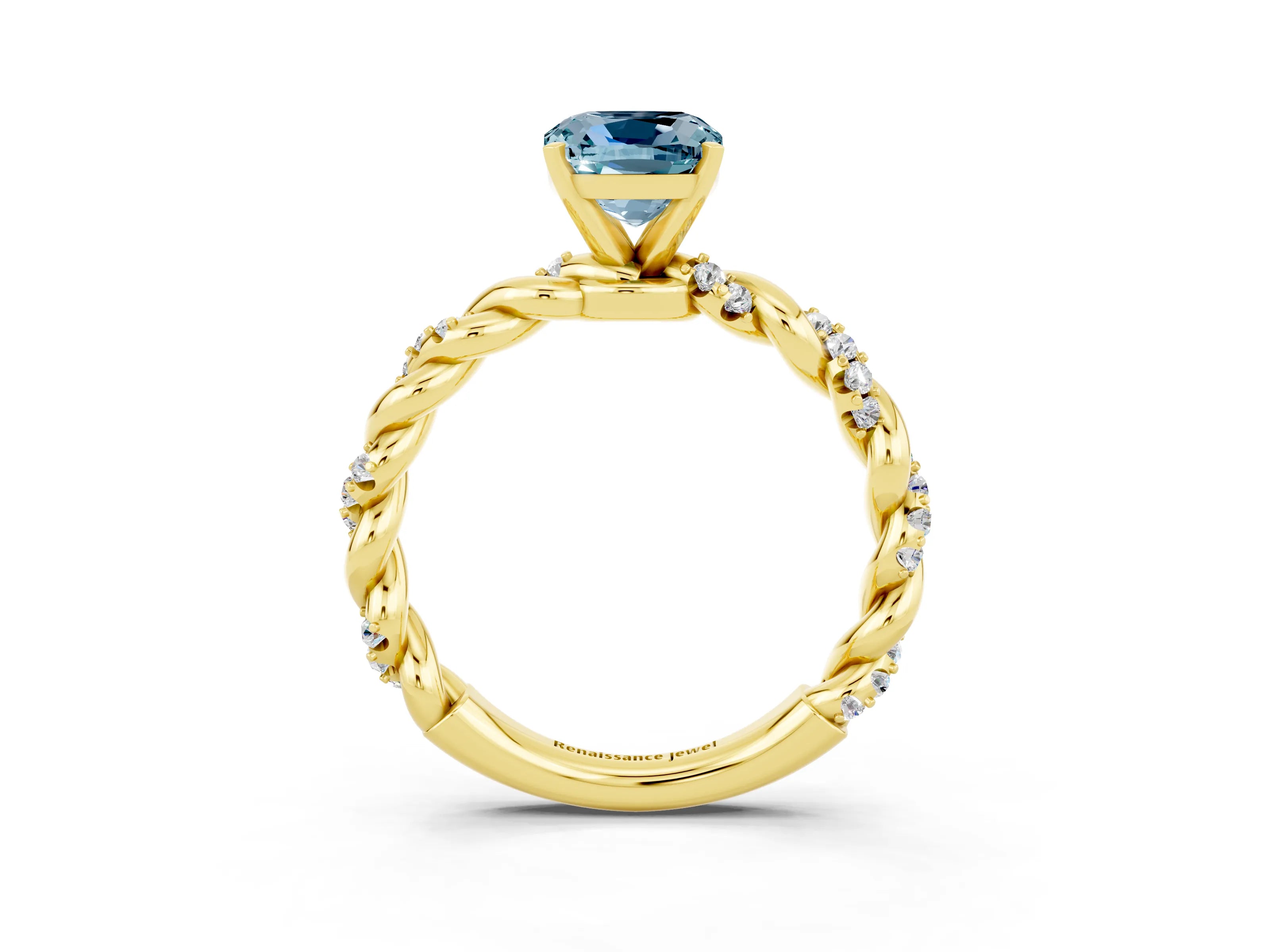 Yellow gold Cushion Cut Aquamarine Solitaire Ring with Twisted Band and Pavé Accents_3