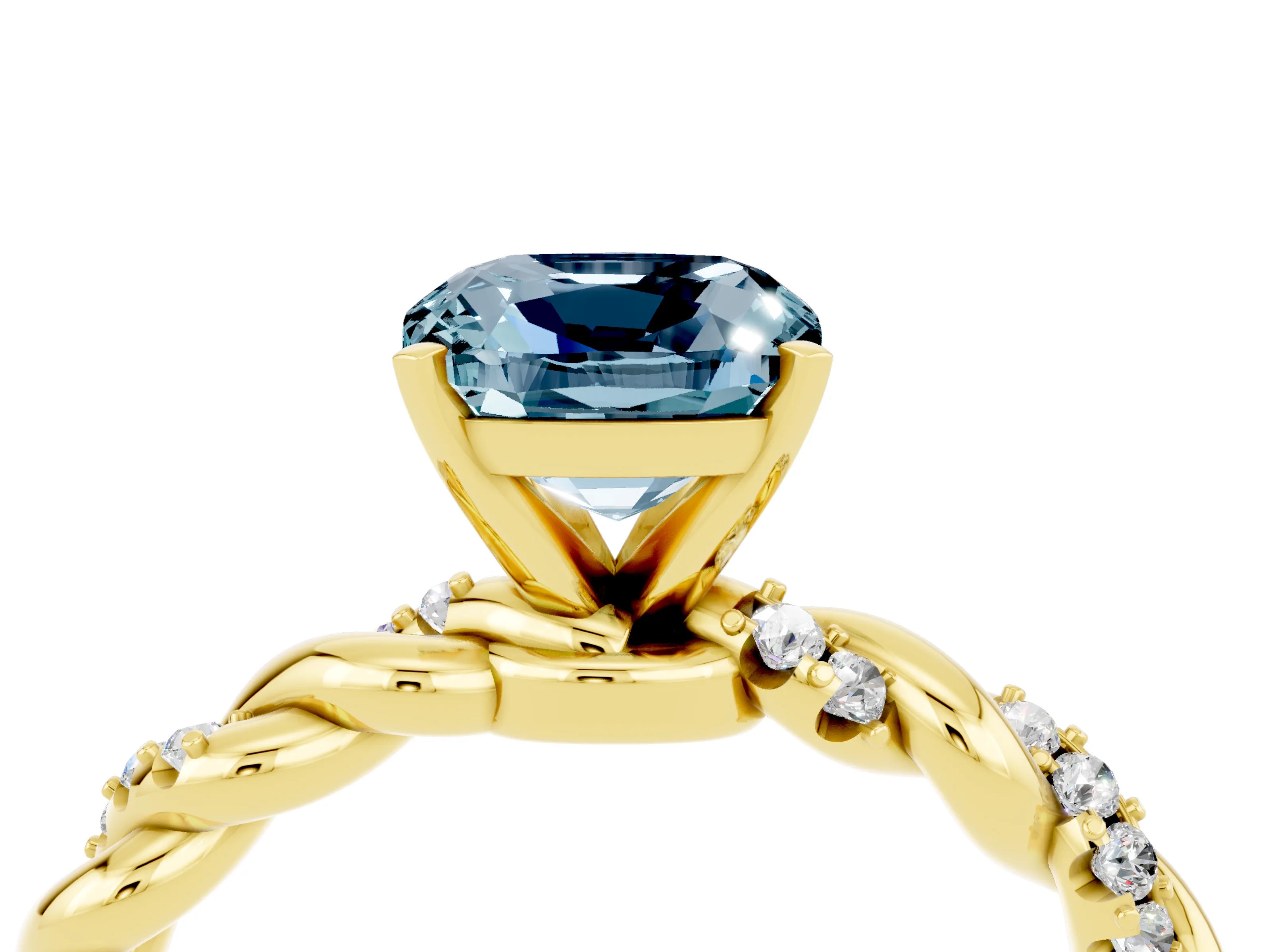Yellow gold Cushion Cut Aquamarine Solitaire Ring with Twisted Band and Pavé Accents_4