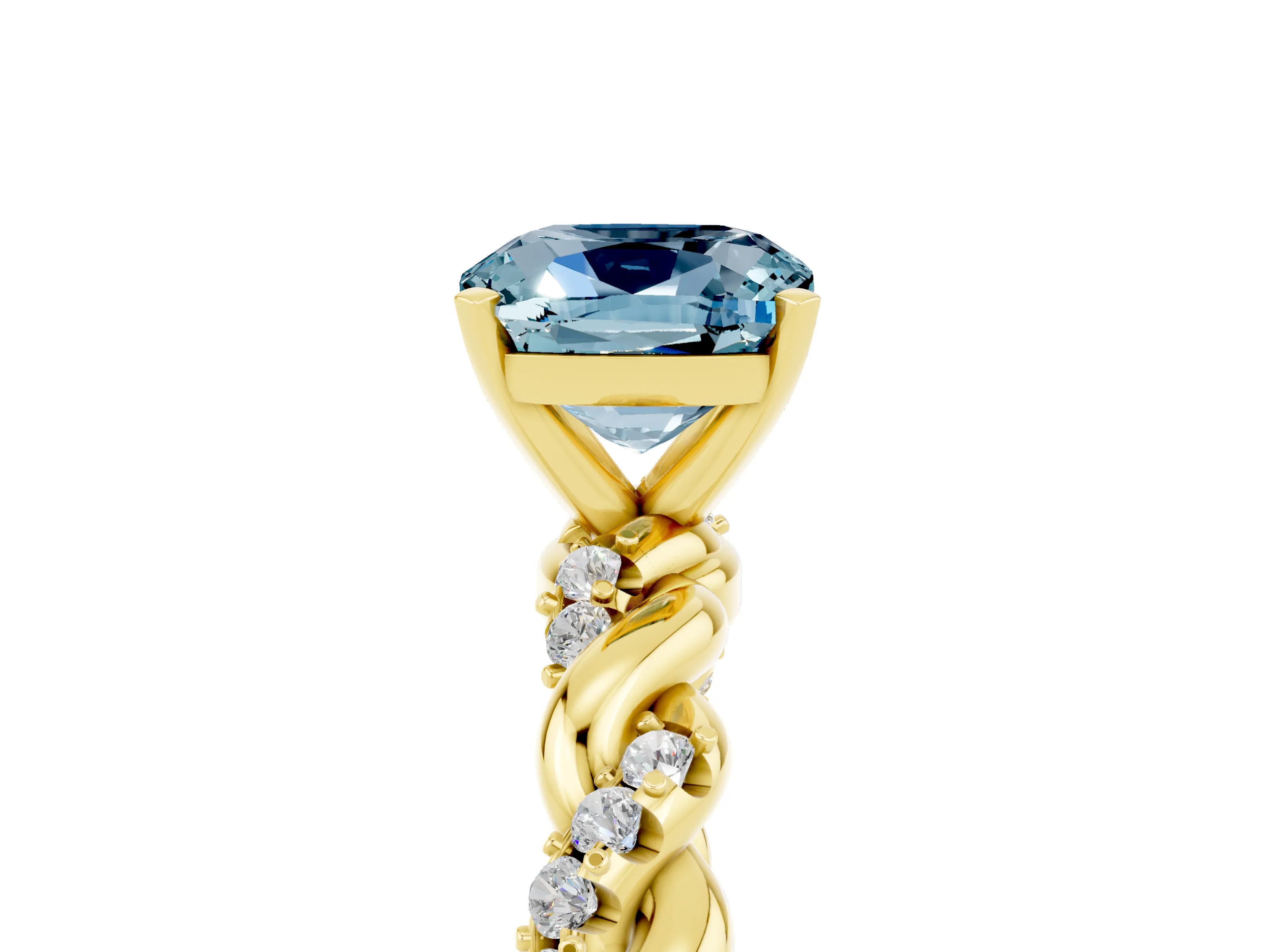 Yellow gold Cushion Cut Aquamarine Solitaire Ring with Twisted Band and Pavé Accents_5