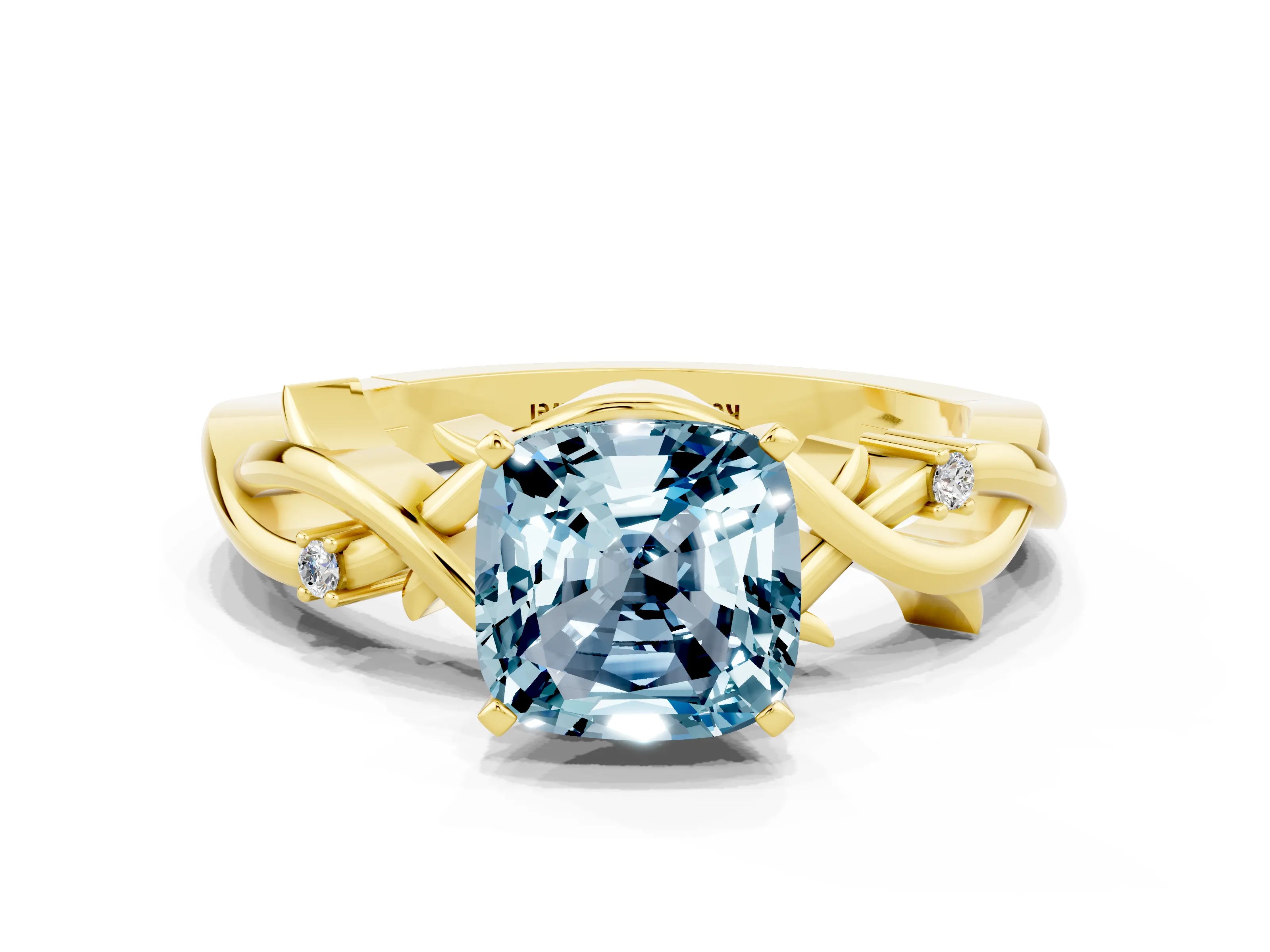Yellow gold Cushion Cut Aquamarine Solitaire Ring with Twisted Band and Prong Setting