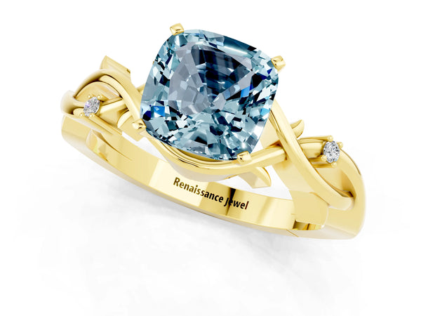 Yellow gold Cushion Cut Aquamarine Solitaire Ring with Twisted Band and Prong Setting
