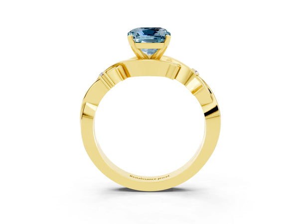 Yellow gold Cushion Cut Aquamarine Solitaire Ring with Twisted Band and Prong Setting