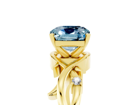 Yellow gold Cushion Cut Aquamarine Solitaire Ring with Twisted Band and Prong Setting_5