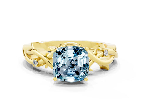 Yellow gold Cushion Cut Aquamarine Solitaire Ring with Twisted Band and Prong Setting