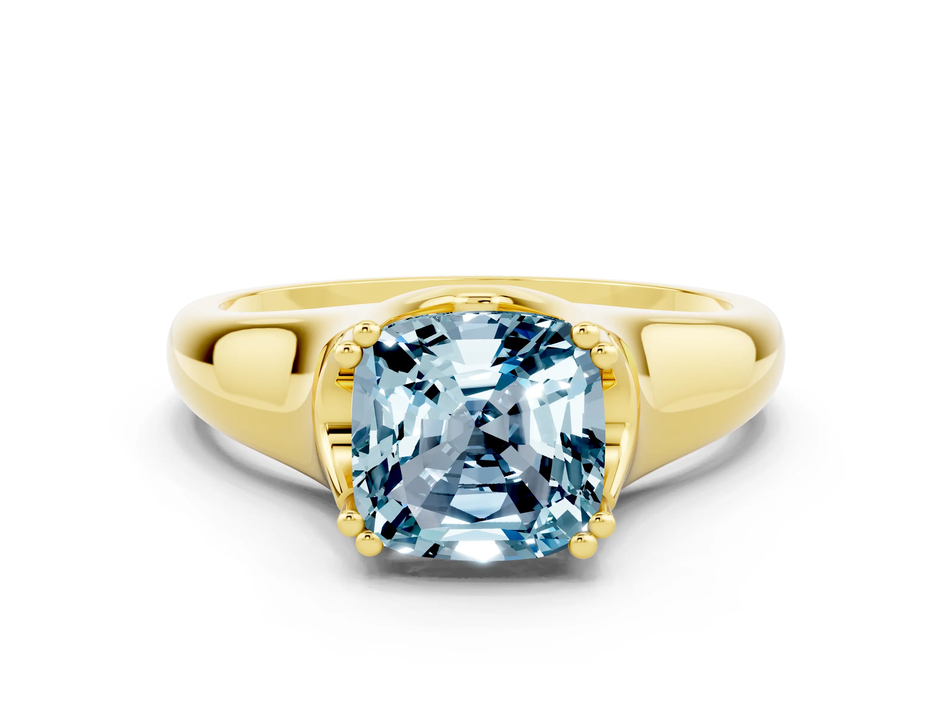 Yellow gold Cushion Cut Aquamarine Solitaire Ring with Wide Band and Prong Setting
