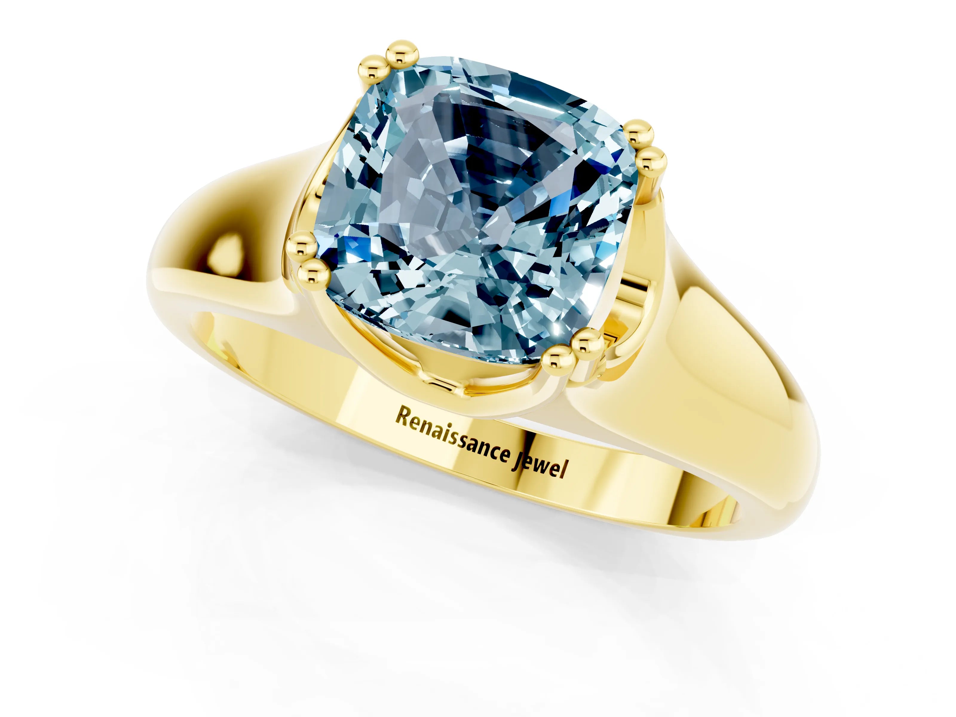 Yellow gold Cushion Cut Aquamarine Solitaire Ring with Wide Band and Prong Setting_1