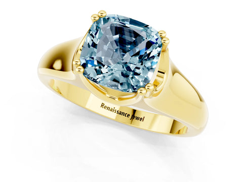 Yellow gold Cushion Cut Aquamarine Solitaire Ring with Wide Band and Prong Setting_1