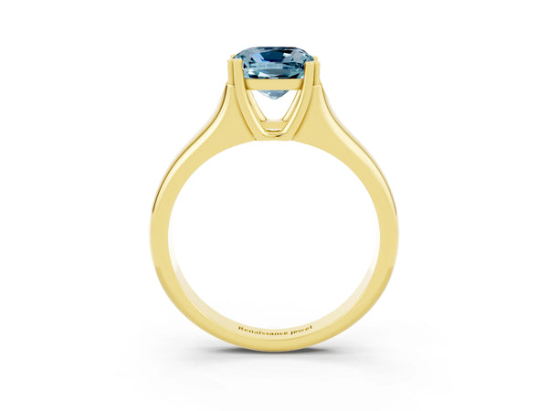 Yellow gold Cushion Cut Aquamarine Solitaire Ring with Wide Band and Prong Setting