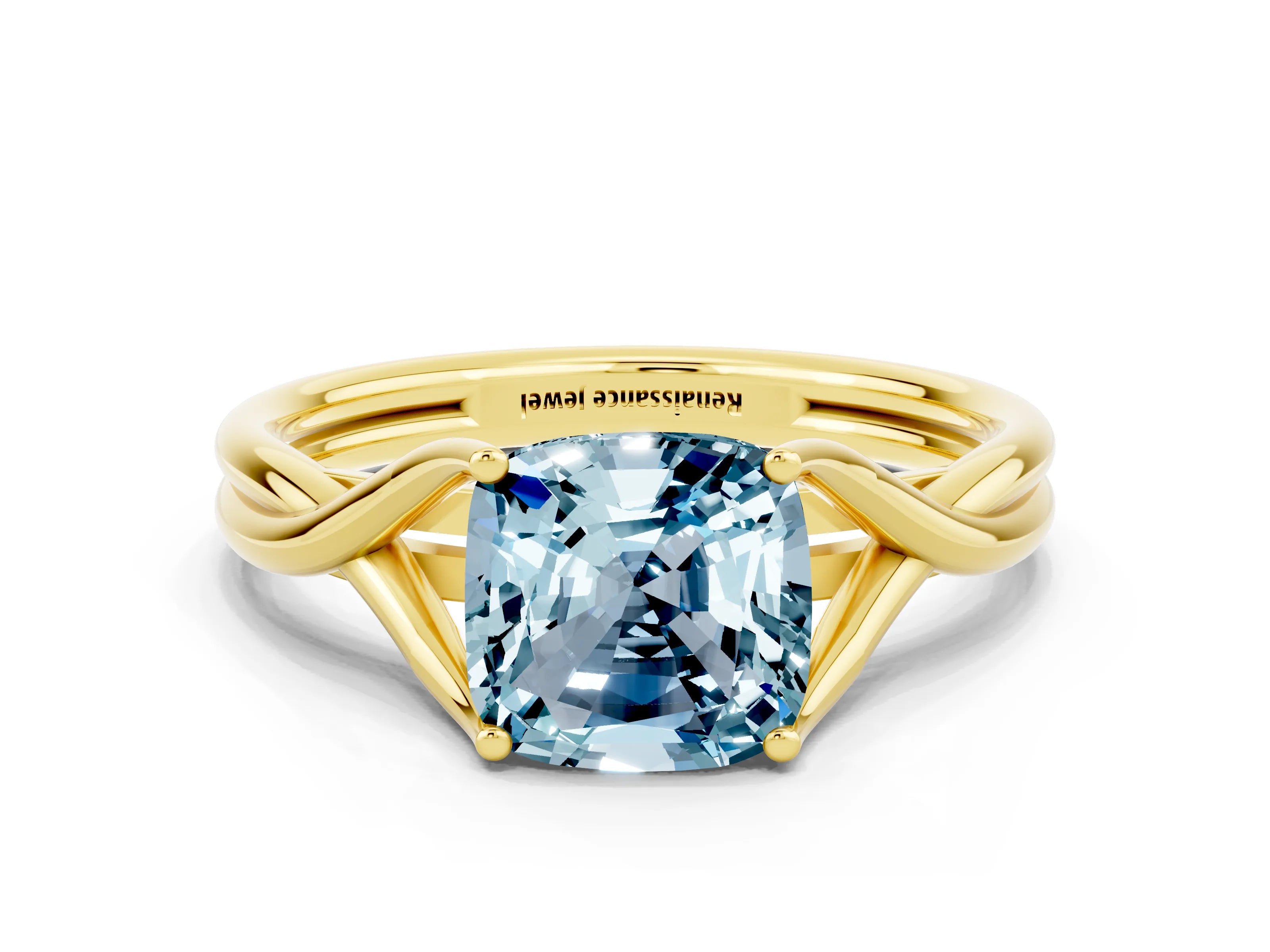 Yellow gold Cushion Cut Aquamarine Solitaire Twist Band Prong Setting Ring_48