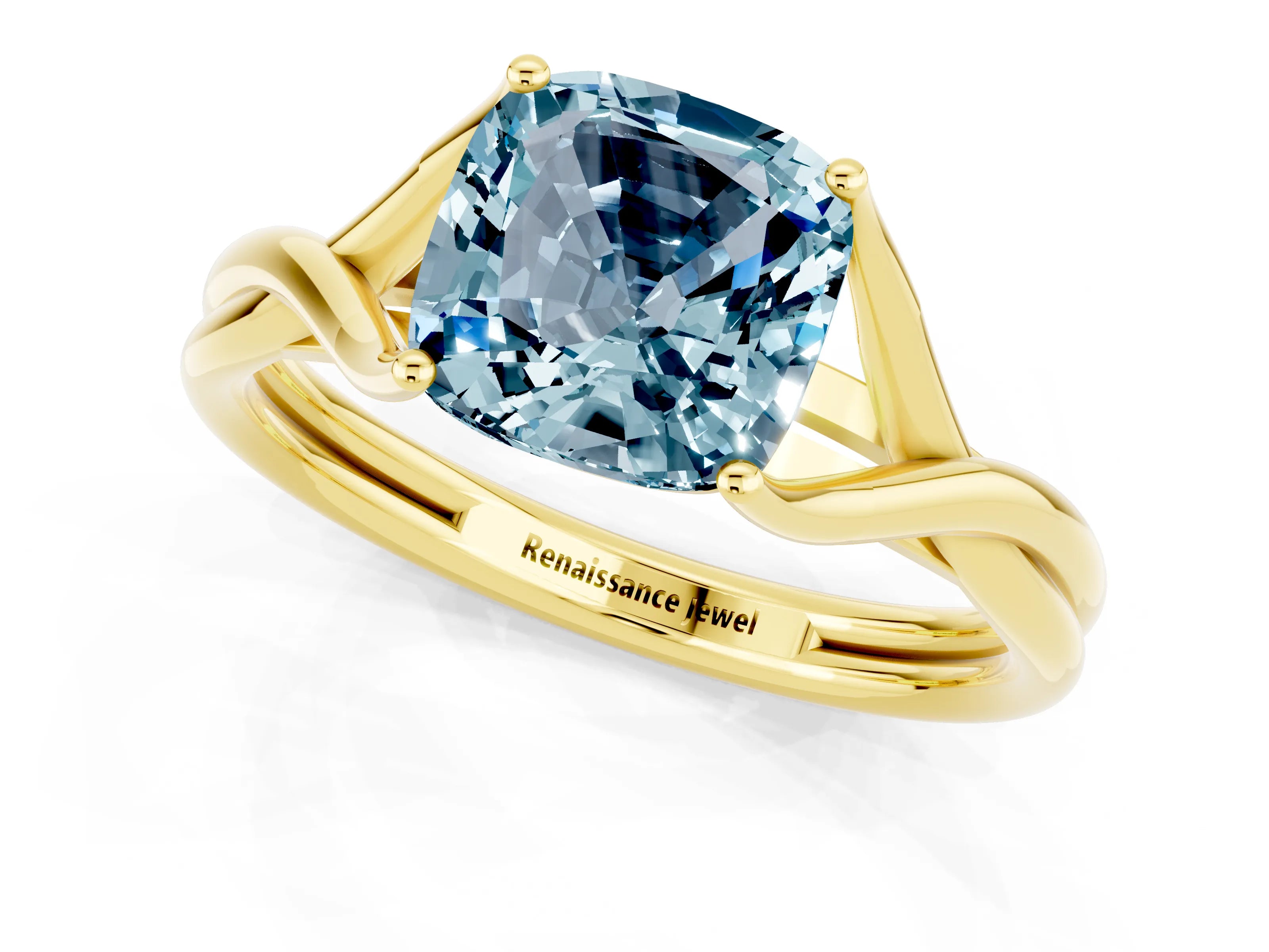 Yellow gold Cushion Cut Aquamarine Solitaire Twist Band Prong Setting Ring_49