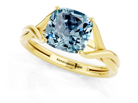 Yellow gold Cushion Cut Aquamarine Solitaire Twist Band Prong Setting Ring_49