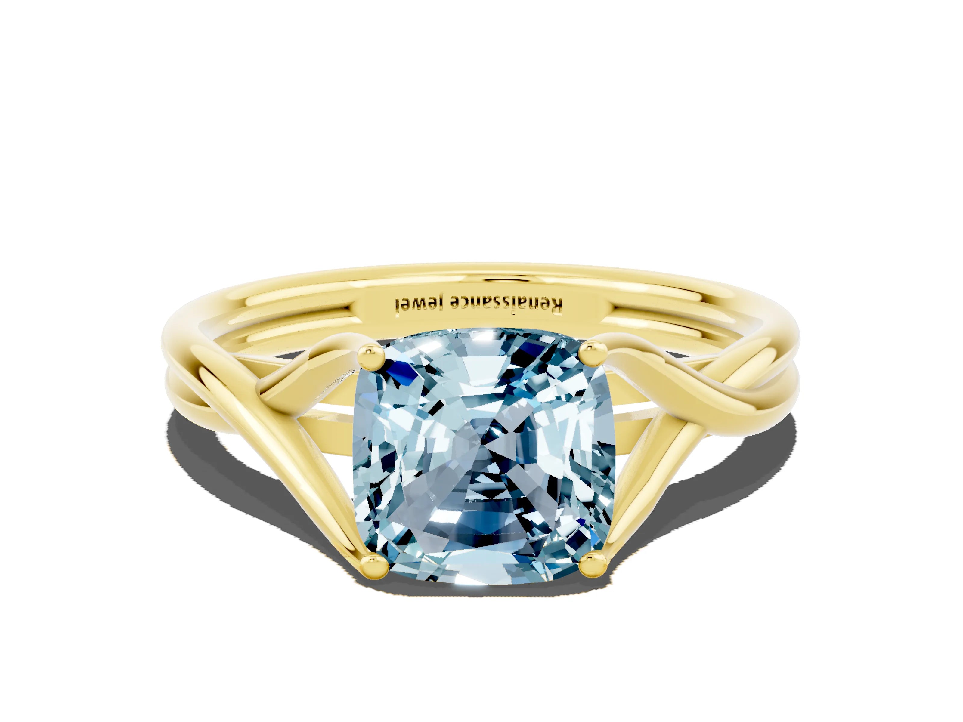 Yellow gold Cushion Cut Aquamarine Solitaire Twist Band Prong Setting Ring_55
