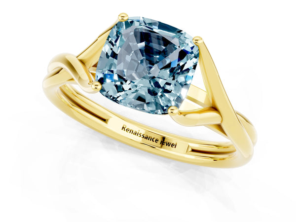 Yellow gold Cushion Cut Aquamarine Solitaire Twist Band Prong Setting Ring