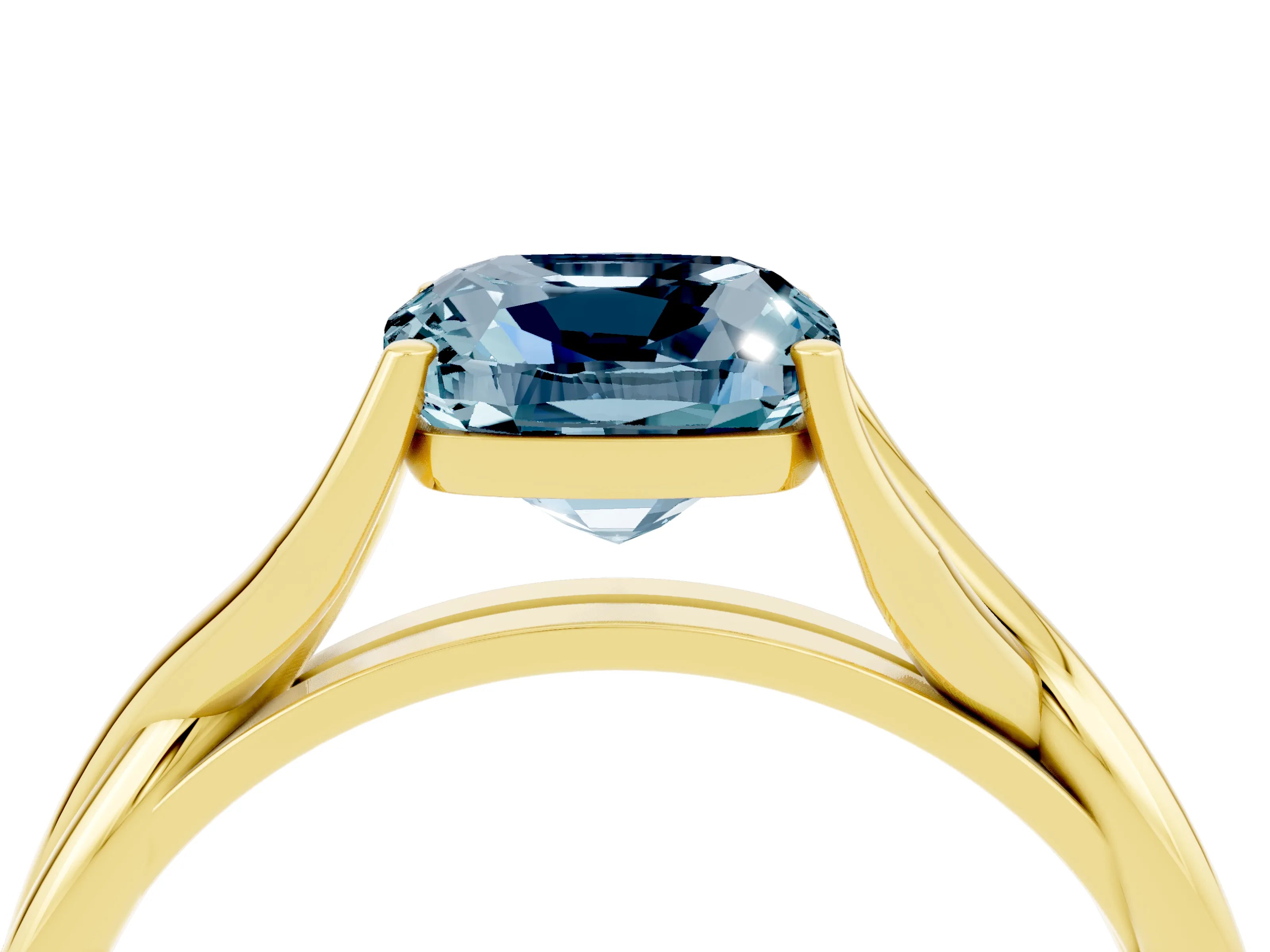 Yellow gold Cushion Cut Aquamarine Solitaire Twist Band Prong Setting Ring_59
