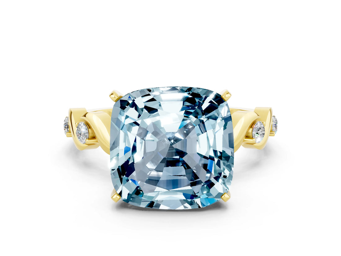 Yellow gold Cushion Cut Aquamarine Solitaire Twisted Band with Round  Accents and Prong Setting_12