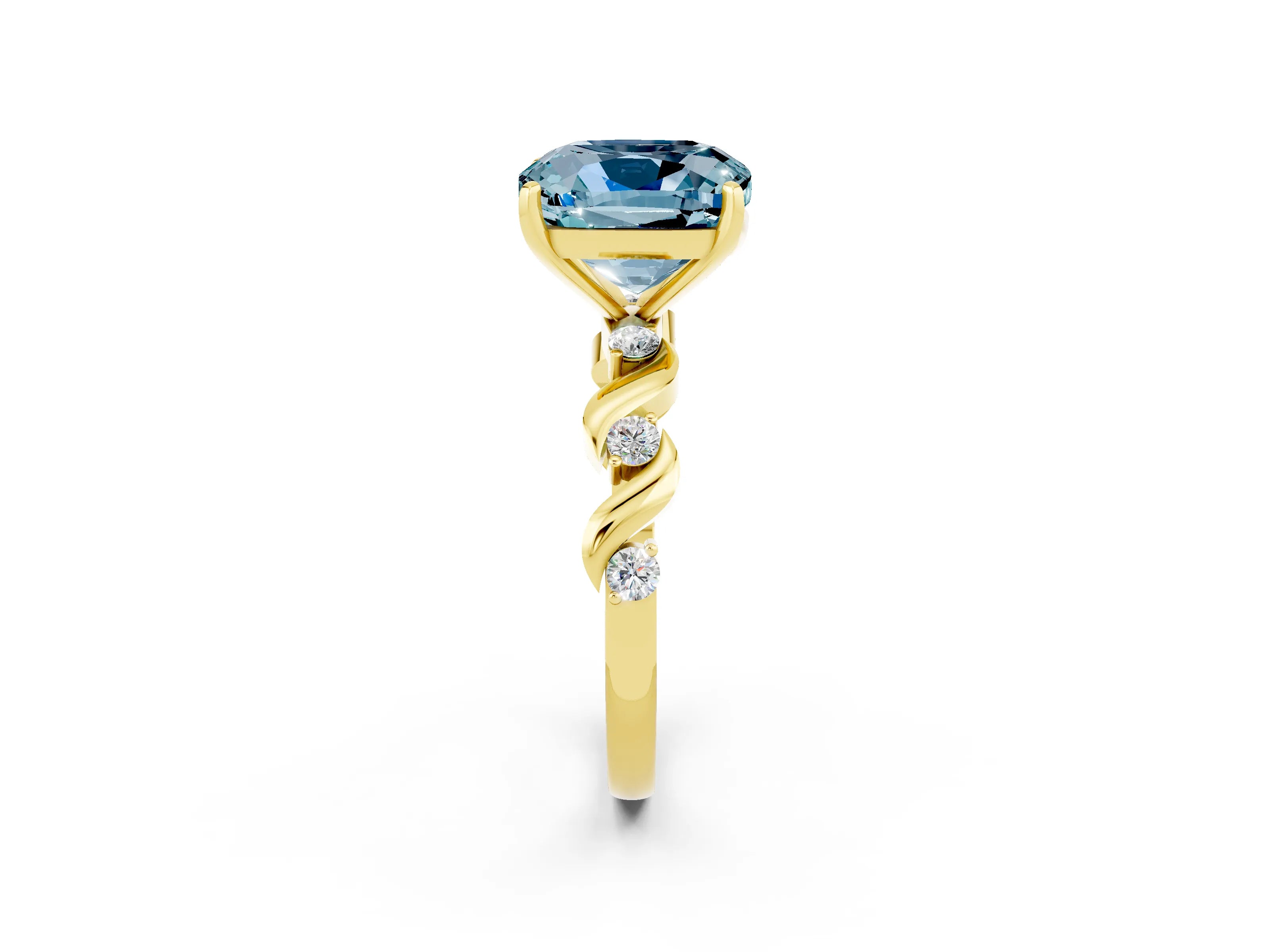 Yellow gold Cushion Cut Aquamarine Solitaire Twisted Band with Round  Accents and Prong Setting_14