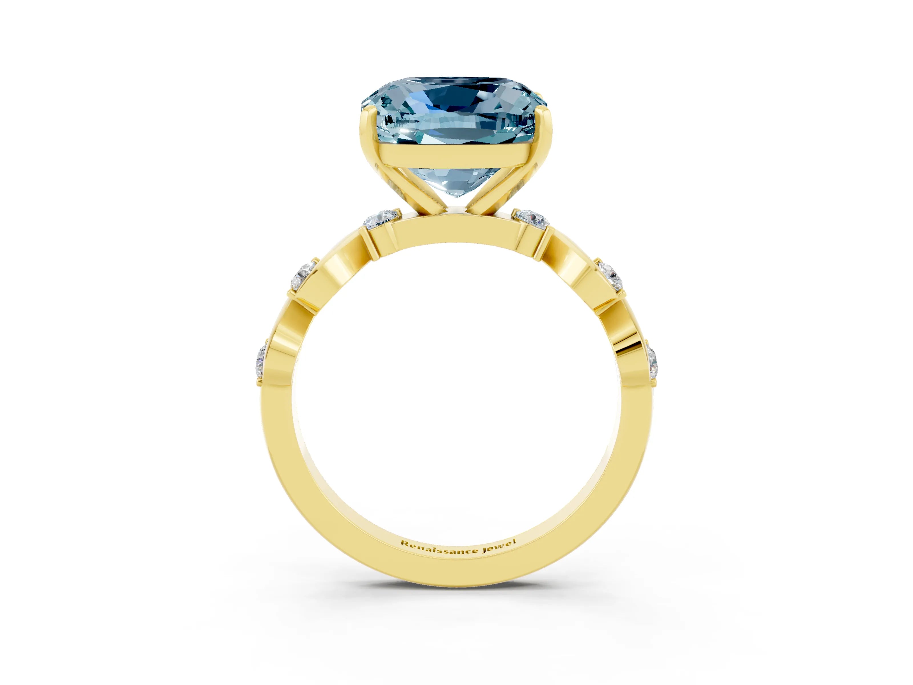 Yellow gold Cushion Cut Aquamarine Solitaire Twisted Band with Round  Accents and Prong Setting_15