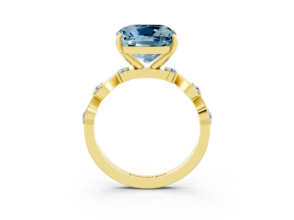 Yellow gold Cushion Cut Aquamarine Solitaire Twisted Band with Round  Accents and Prong Setting