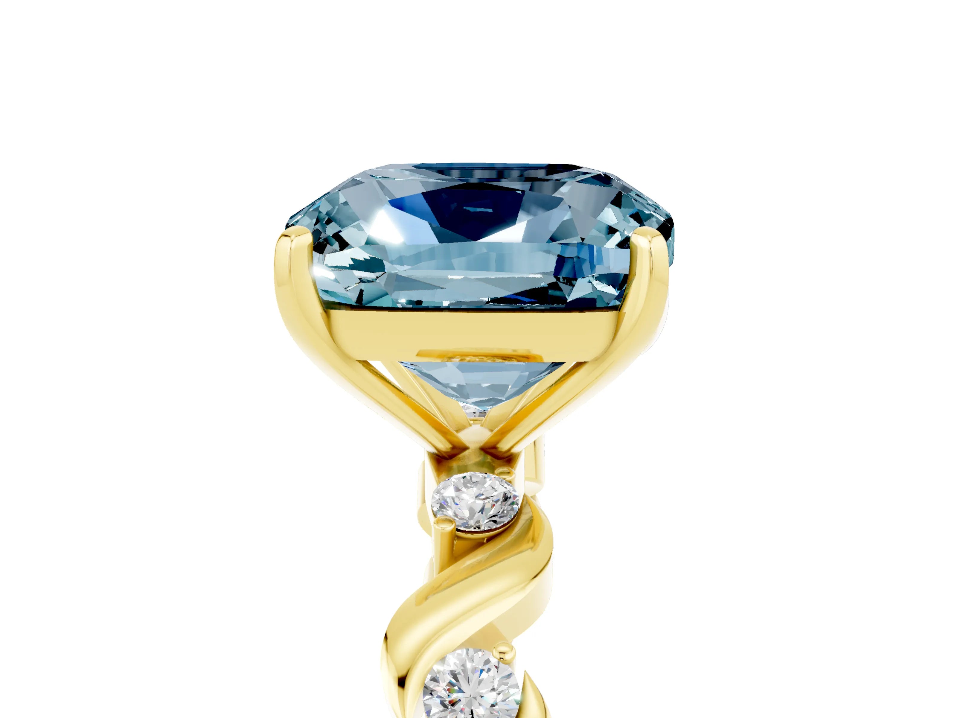 Yellow gold Cushion Cut Aquamarine Solitaire Twisted Band with Round  Accents and Prong Setting_17